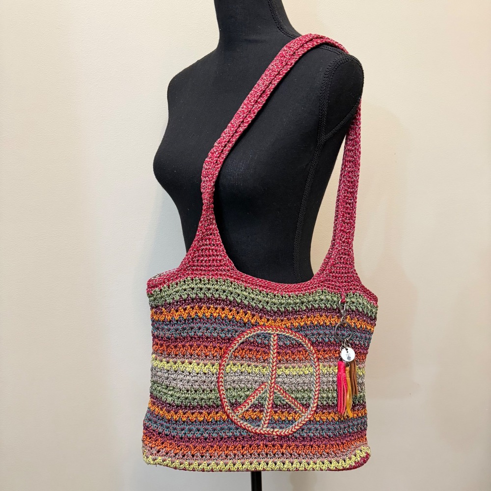 The Sak Crochet Peace Hobo Bag Multicolor Striped Shoulder Purse Tote Festival